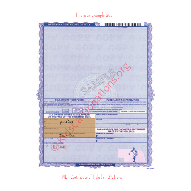 This is an Example of Nebraska Certificate of Title (7-13) Front View | Kids Car Donations